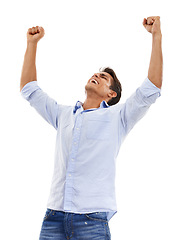 Image showing Business man, winner and yes for success, celebration or achievement with startup, bonus or news in studio. Excited worker or professional winner with fist and winning or goals on a white background