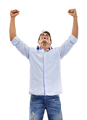 Image showing Professional man, winner and yes for success, celebration or achievement with startup, bonus or news in studio. Excited worker or business person with fist and winning or goals on a white background