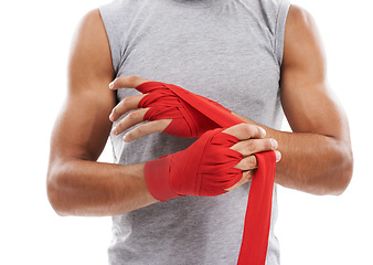 Image showing Wrapping hands, kickboxing and person ready for fitness in studio, sports and martial arts isolated on white background. Safety for fight, boxer and MMA fighter in training with exercise and power