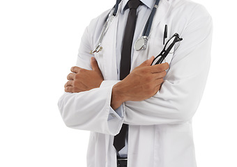 Image showing Doctor, man and hands for career in studio, confidence and expert in healthcare or medicare. Male professional, medical consultant and insurance by white background, physician and trust in medicine
