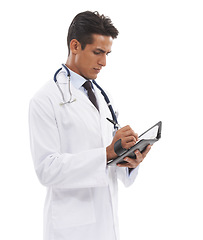 Image showing Man, doctor and notebook for writing in studio, planning healthcare information and checklist on white background. Serious medical worker reading notes, hospital journal or administration of schedule