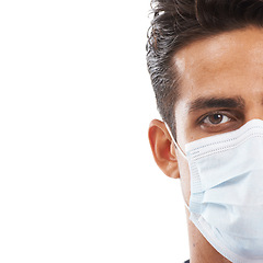 Image showing Man, facemask and portrait in studio, safety and prevention of disease and infection by white background. Male person, half face and protection in pandemic, healthcare and quarantine by mockup