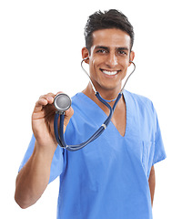 Image showing Doctor, stethoscope and man portrait in studio, healthcare and evaluation or cardiovascular examination. Male person, medical professional and listening to heartbeat, equipment and white background