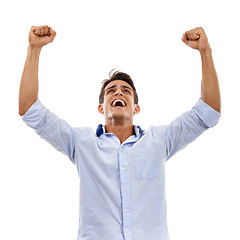 Image showing Professional man, winning and yes for success, celebration or achievement with startup, bonus or news in studio. Excited worker or business person with fist, power and goals on a white background