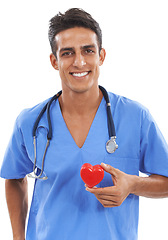 Image showing Nurse, portrait and heart for healthcare in studio, trust and support in medical service. Male professional, emoji and icon by white background, face and smiling for cardiology wellness or sign