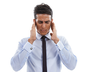 Image showing Business man, headache and pain in studio for burnout, disaster or brain fog on white background. Tired, stress and frustrated worker with anxiety, fatigue and challenge of vertigo, crisis or mistake