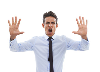 Image showing Business man, portrait and screaming stop in studio, danger and frustrated by white background. Male professional, reject and block or rejection of failure, shouting and review or sign language