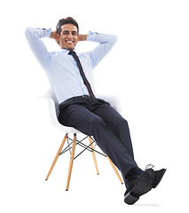 Image showing Business man, chair and relaxing in portrait, studio and smiling for career pride by white background. Male professional, face and happy for job opportunity, entrepreneur and confident for startup