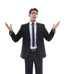 Image showing Business man, thinking and doubt in studio, professional and contemplating choice or decision. Male person, employee and brainstorming or question by white background, unsure and confused or why