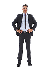 Image showing Businessman, portrait and happy in studio for corporate, business formal and confident for career work. Entrepreneur, person and face with smile, confidence and pride for startup on white background