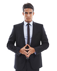 Image showing Business man, portrait and serious in studio for company, contemplating and confidence in ideas. Male professional, lawyer and face by white background, thinking and pride for career and future