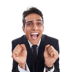 Image showing Business man, winner and victory in portrait, studio and excited for corporate success by white background. Happy male professional, wow and promotion or deal, energy and celebration for opportunity