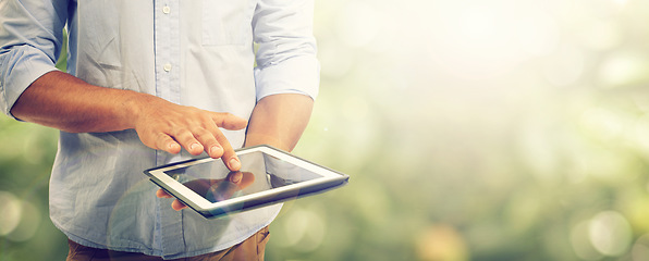 Image showing Tablet, person and internet connection in outdoors, technology and online research by bokeh. Mockup space, nature and networking or digital application, website and contact or online conversation