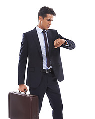 Image showing Business man, watch and briefcase in studio with time management, thinking and late by white background. Entrepreneur, check wristwatch or clock for schedule, date and meeting with bag for travel