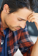 Image showing Stress, thinking and man with headache from anxiety in home or closeup of crisis in mental health. Frustrated, person or worry for budget of finance, money or debt and depression in unemployment