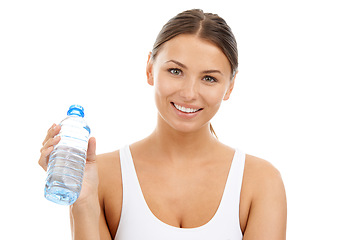 Image showing Portrait, fitness woman and water bottle in studio for sports break, energy and detox on white background. Happy athlete with liquid drink for hydration, nutrition and healthy recovery for exercise