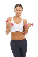 Image showing Happy woman, dumbbells and portrait in studio for power, training or sports workout on white background. Strong model, weights and fitness performance, action or exercise of biceps, muscles or health