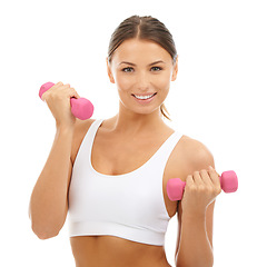 Image showing Woman, dumbbells or portrait in studio for exercise, healthy training or sports workout on white background. Happy model, fitness or weights for performance, action and power of biceps, arm or muscle