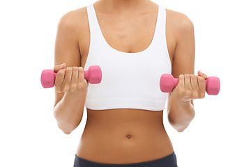 Image showing Fitness, hands and woman in studio with dumbbell for workout, muscle training and body building. Healthy exercise, power and commitment to improvement, strong girl weight lifting on white background.