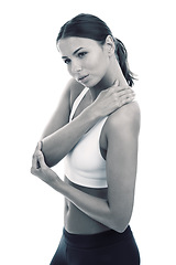 Image showing Sports, injury and woman massage neck pain from exercise or workout in white background and studio. Stretching, shoulder and person with ache or hurt from accident and self care medical treatment