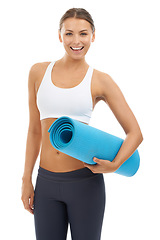 Image showing Woman, portrait and yoga mat for health fitness in studio for flexibility, exercise or training. Female person, face and white background for mockup space or self care wellness, performance or strong