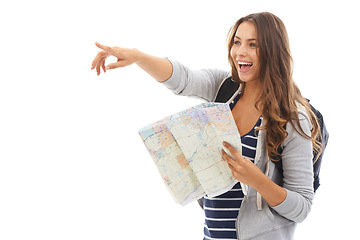 Image showing Map, adventure and woman reading in studio for hiking exploring, weekend trip or vacation. Travel, discover and female person with paper directions for tourism and navigation by white background.