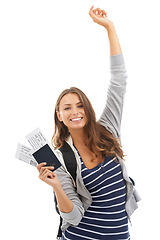 Image showing Portrait, passport and woman celebrate with ticket for travel on holiday, vacation or trip on mockup space. Face, winner or happy person with plane boarding pass isolated on a white studio background