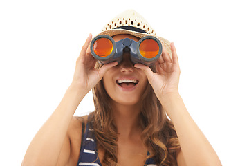 Image showing Portrait, travel and woman with binoculars to watch on vacation, holiday or adventure. Vision, glass and person in hat with telescope, search to spy and excited isolated on a white studio background