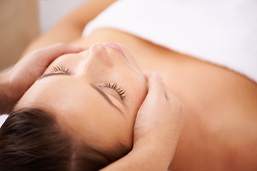 Image showing Space, woman and face massage for skincare, holistic therapy or healthy healing at cosmetics salon. Calm client relax at wellness resort for facial reiki, acupressure or peaceful treatment for beauty