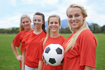 Image showing Woman, soccer players and portrait with ball, happy and football field for match, competition or game. Fitness, practice and ready for training, outdoor and exercise for athlete, confident or sport