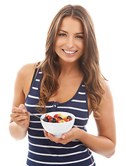 Image showing Portrait, smile and woman with fruit salad in bowl for diet, healthy body or nutrition. Face, food or happy person eating an organic vegan breakfast for wellness isolated on a white studio background