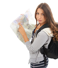 Image showing Map, portrait and woman reading in studio for hiking adventure, weekend trip or vacation. Travel, discover and young female person with paper directions for tourism and navigation by white background