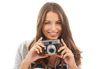 Image showing Camera, creative and portrait of photographer in studio working for photoshoot with photography. Career, art and female student with media project for startup production business by white background.