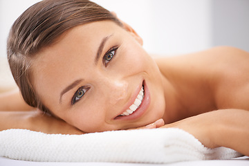 Image showing Relax, smile and portrait of woman at spa with body massage for health, wellness and self care. Happy, natural and female person with calm, peaceful and serene skin therapy treatment at beauty salon.