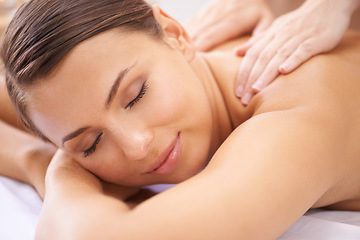 Image showing Woman, face and massage at spa, shoulders and hands on masseur for aromatherapy and healing with wellness. Calm, beauty and skincare, body care and health, holistic treatment for zen or stress relief