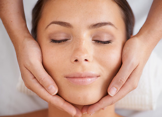 Image showing Woman, face or massage at spa from above for beauty, skincare treatment or healing at cosmetics salon. Happy client relax at wellness resort for reiki, facial acupressure or peaceful holistic therapy