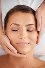 Image showing Happy woman, spa and face massage from above for beauty, holistic therapy and healing at cosmetics salon. Client relax at wellness resort for reiki, facial acupressure and peaceful skincare treatment