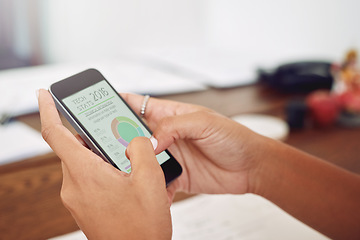 Image showing Phone, hands or designer with chart for data analytics, technology or graphs info on website. Reading analysis, target audience or worker working stats update on mobile app screen with SEO research