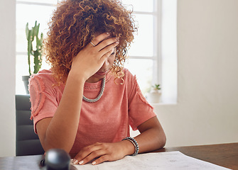 Image showing Headache, paperwork or secretary in office for administration, documents report or project deadline. Migraine pain, stress or frustrated woman at desk reading research, agenda or human resources info