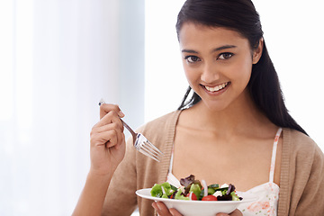 Image showing Happy woman, portrait and salad bowl for diet, nutrition or health with natural snack at home. Face of female person smile for mixed vegetables, vitamins or eating meal in weight loss or breakfast