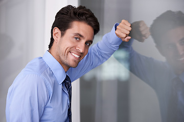 Image showing Window, office and portrait of business man in workplace with confidence, pride and ambition. Corporate entrepreneur, professional manager and face of happy worker smile for career, job and working