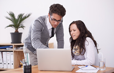 Image showing Business people, planning and teamwork on computer for copywriting advice, feedback and online collaboration. Happy professional woman, man or writer and editor on laptop, editing newsletter or email