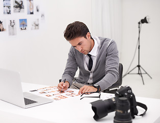 Image showing Photographer, thinking and man editing in office with computer to process, production and catelog images. Professional, editor and creative person with laptop and photoshoot results of cinematography