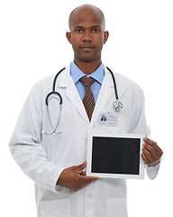 Image showing Doctor, portrait and space on tablet screen in studio for advertising medical information, newsletter or telehealth feedback on white background. Black man, healthcare worker and digital presentation