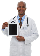 Image showing Happy doctor, portrait and screen of tablet in studio for advertising medical information, newsletter or telehealth on white background. Black man, healthcare worker and presentation of digital space