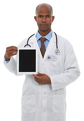 Image showing Doctor, portrait and screen of tablet in studio for advertising medical information, newsletter and telehealth app on white background. Black man, healthcare worker and presentation of digital space