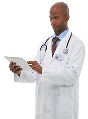 Image showing Doctor, black man and tablet in studio for healthcare, clinical software and research on white background. Surgeon, medical worker and scroll on digital technology for information, app and telehealth