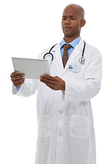 Image showing Studio, black man and doctor reading tablet information of medical project, medicine report or online research data. Cardiology, healthcare or African surgeon with clinic feedback on white background