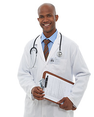 Image showing Black man, portrait and doctor with clipboard in studio, planning notes and healthcare information on white background. Happy medical worker with paperwork for insurance checklist, medicine or script