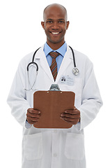 Image showing Happy man, portrait or doctor in studio with clipboard, admin notes or healthcare information on white background. African medical worker, paperwork and insurance report, planning checklist or script